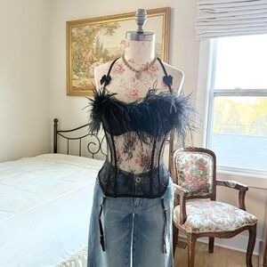 Y2K black sheer feather trim corset going out top Movie Star tagged a size XL